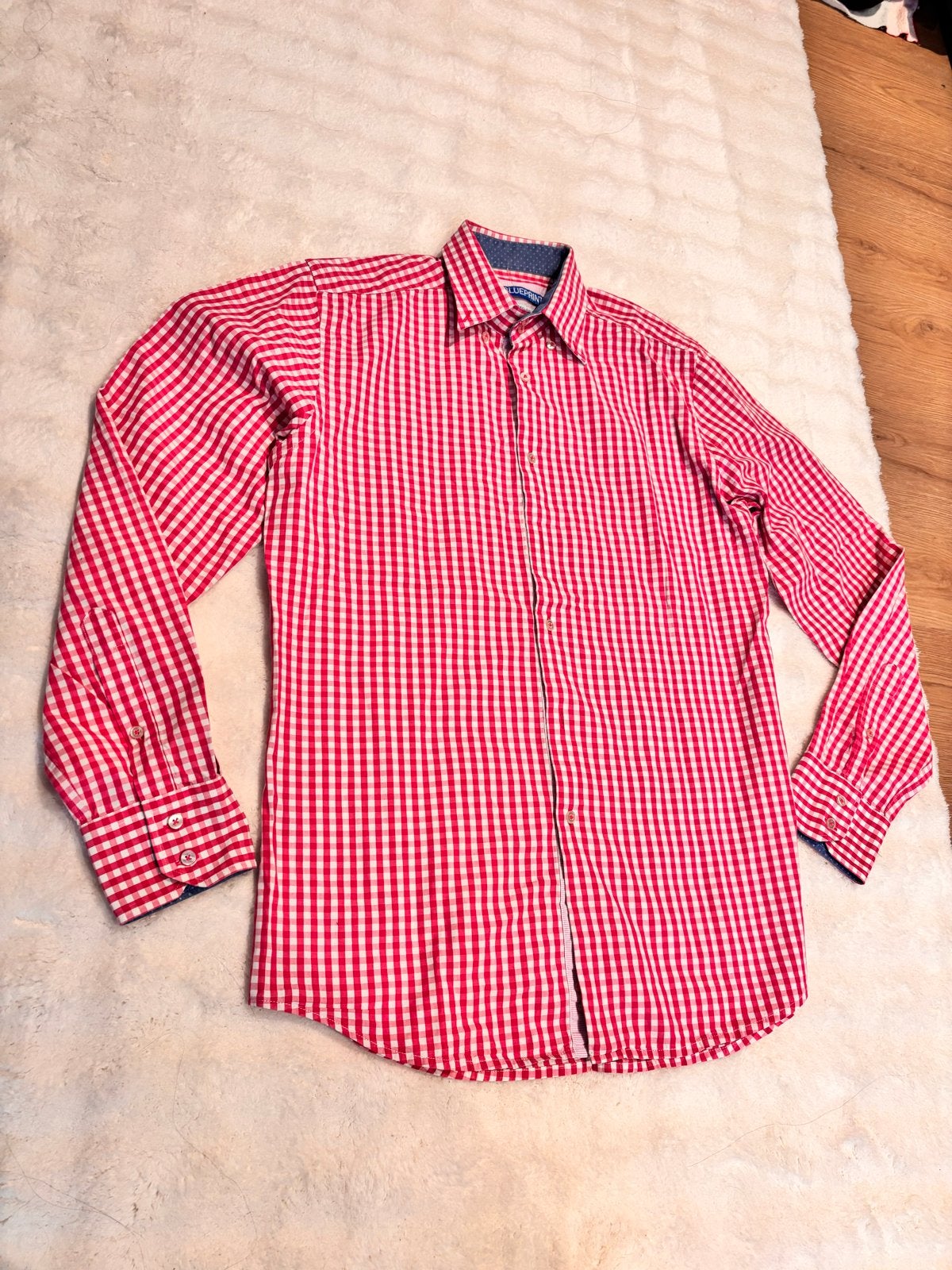 Geruite herenblouse roze/wit mt.M 100% katoen, Ophalen of Verzenden, Zo goed als nieuw, Roze, Halswijdte 39/40 (M)