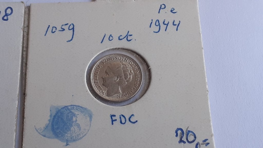 Wilhelmina  10 cent 1944 Fdc kwaliteit in de munthouder, Zilver, Koningin Wilhelmina, Losse munt, Overige waardes