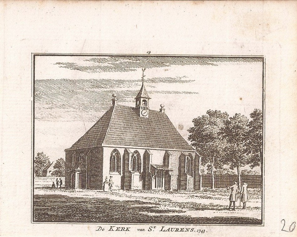 Zeeland De kerk van St. Laurens 1743 Kopergravure Spilman, Antiek en Kunst, Architectuur, Ophalen of Verzenden, 9 cm, 7 cm