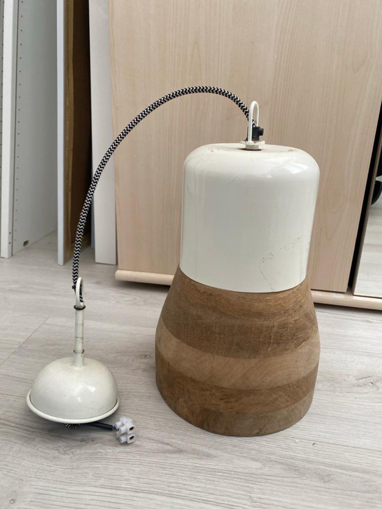 Leuke hanglamp met houten en metalen accenten, Huis en Inrichting, Ophalen, Gebruikt, Hout, Minder dan 50 cm