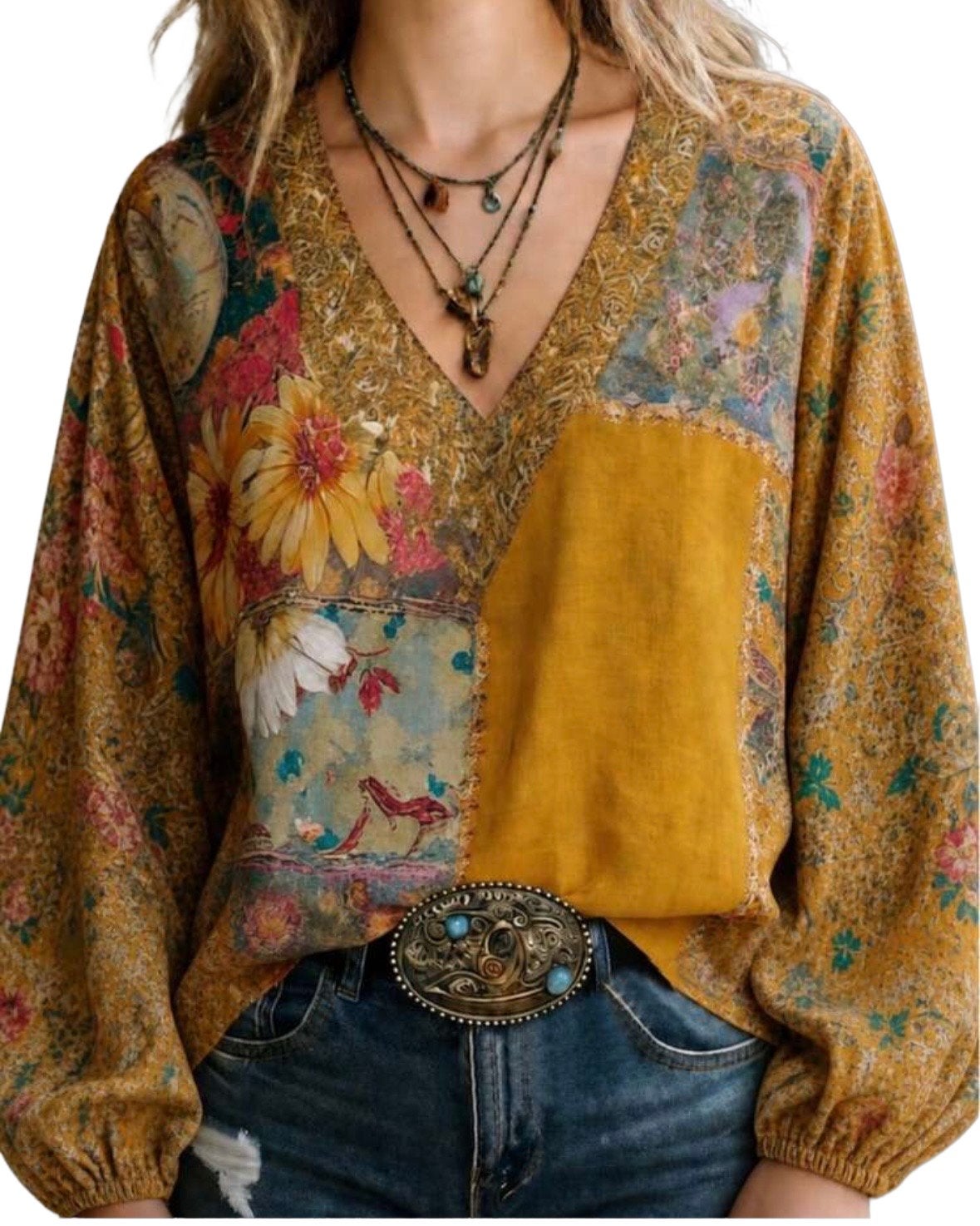 Boho Patchwork Blouse met Bloemenprint(44-52), Verzenden, Nieuw, Geel, Blouse of Tuniek
