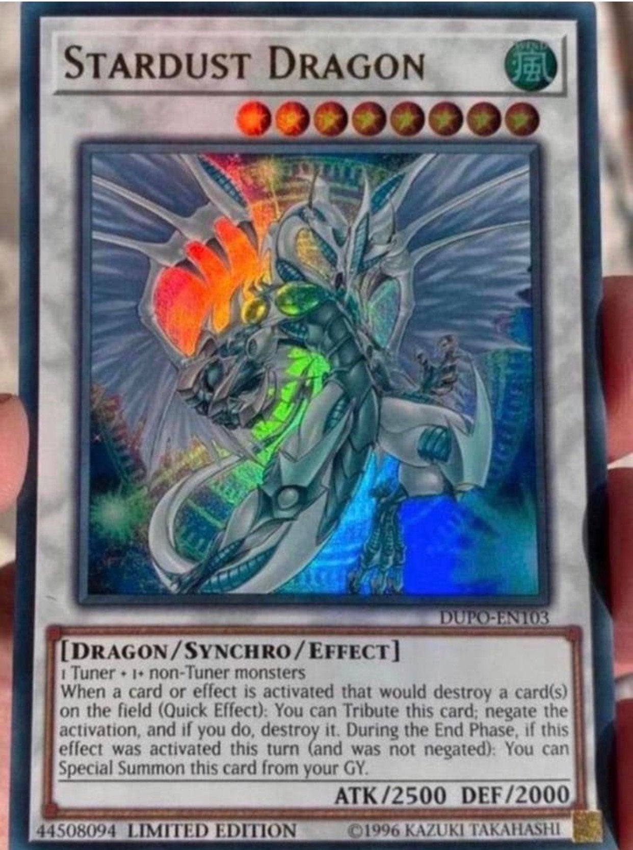 Yu-Gi-Oh! Stardust Dragon DUPO Limited Edition !, Ophalen of Verzenden, Zo goed als nieuw, Losse kaart, Foil