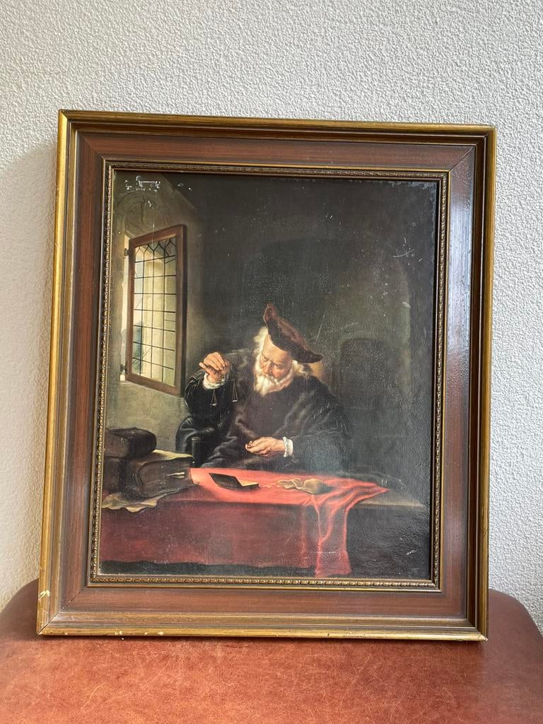 Grote prent ‘De Goudweger’ in een goudkleurige lijst, Antiek en Kunst, Ophalen of Verzenden