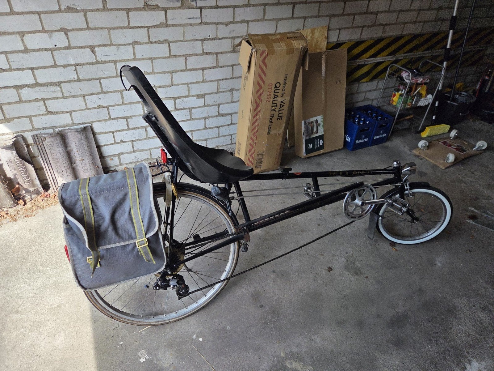 Ligfiets met bagagedrager en fietstassen, Gebruikt, Velgrem, Onderstuur, Ophalen
