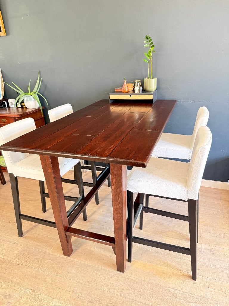 Stijlvolle hoge massief eiken eettafel + 6 barkrukken, Huis en Inrichting, Tafels | Eettafels, Zo goed als nieuw, 50 tot 100 cm