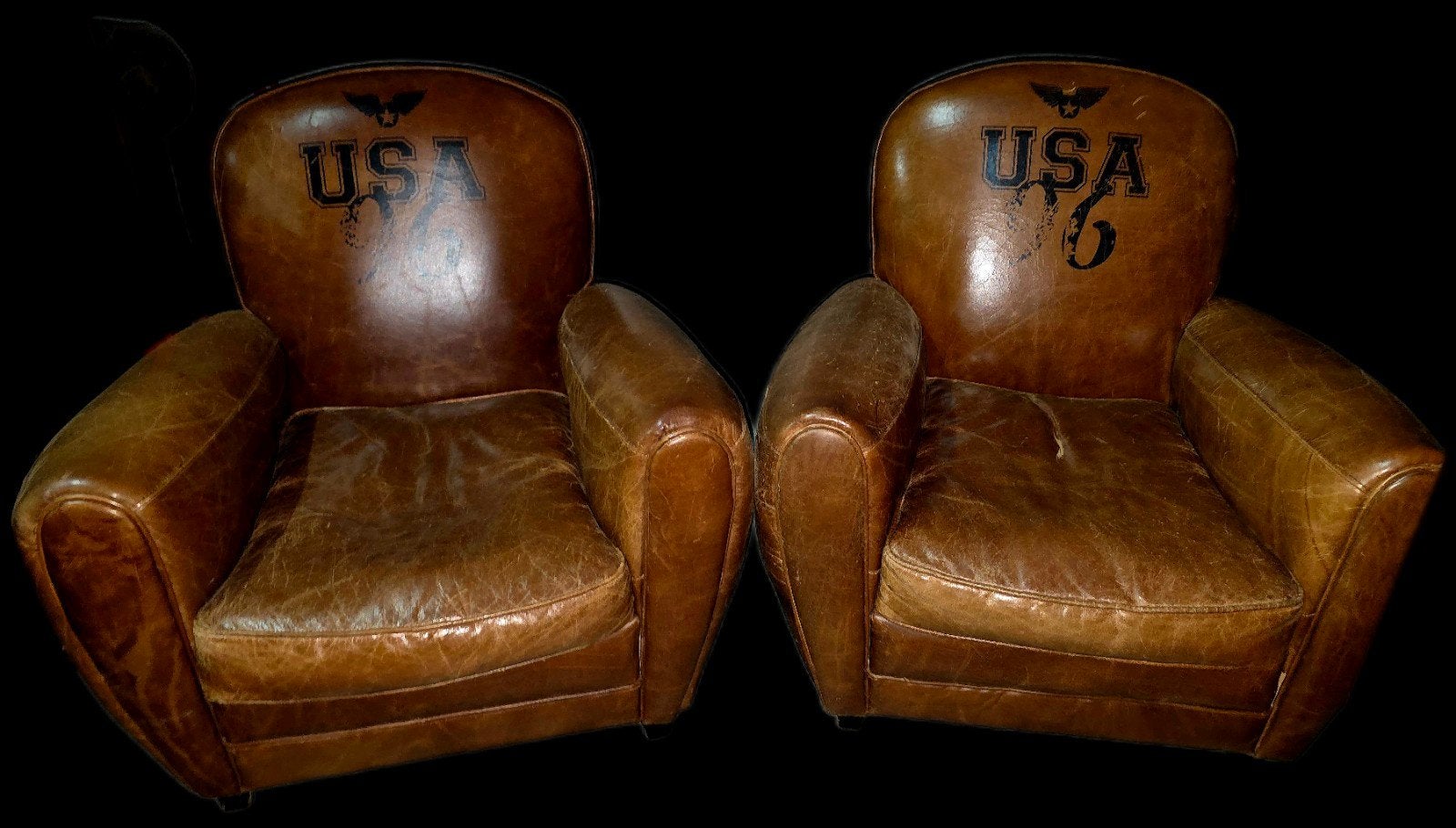 Vintage Leren Fauteuils met 'USA' Opdruk - Set van 2