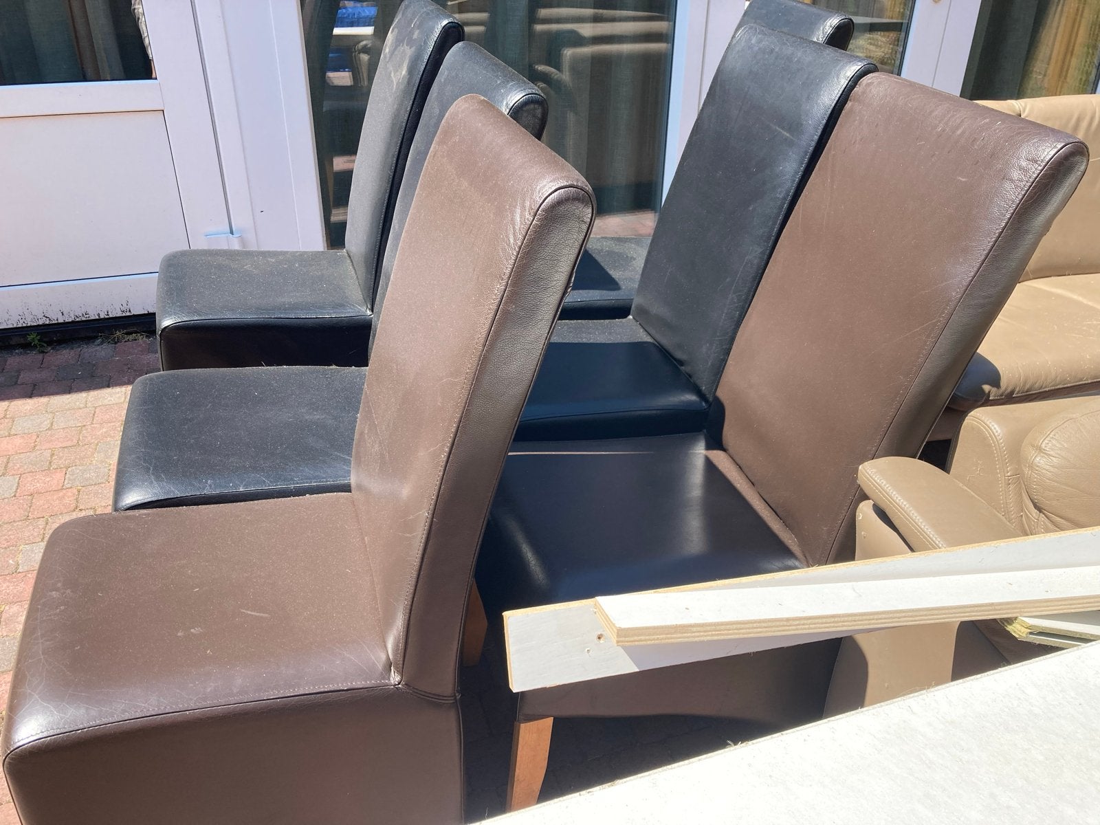 Set van 6 leren eetkamerstoelen (zwart en bruin), Huis en Inrichting, Ophalen, Gebruikt, Overige kleuren, Vijf, Zes of meer stoelen