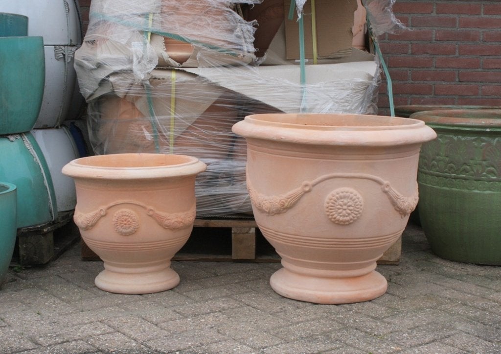 Prachtige terracotta bloempotten Anduze stijl 2 maten terras, Ophalen, 40 cm of meer, Rond, Terracotta