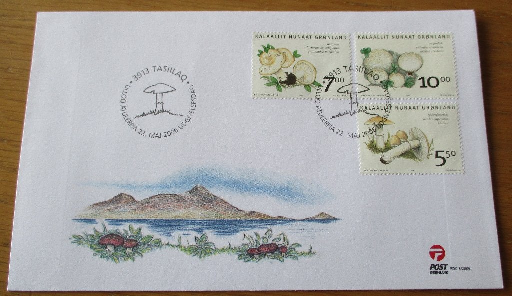 Groenland, FDC serie eetbare paddenstoelen, 2006, Ophalen of Verzenden, Denemarken, Gestempeld