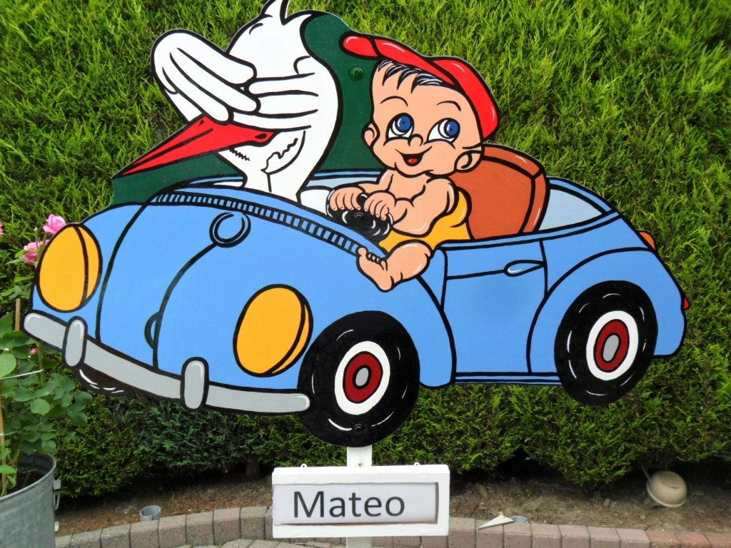 Geboortebord baby jongen of meisje in auto met ooievaar., Ophalen, Nieuw, Geboortebord