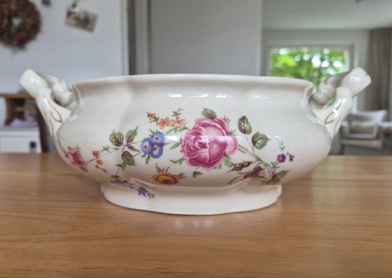 Mooie brocante, antieke schaal met oren en bloemenprint, Ophalen of Verzenden