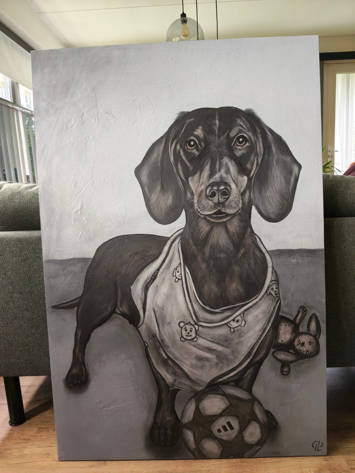 teckel schilderij uitdagend en speelse teckel, Ophalen, Nieuw