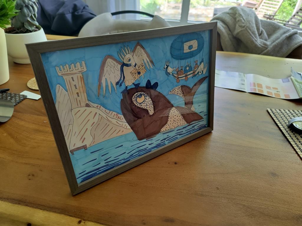 Ingelijste A4 tekening met orca en postbode meeuwen, Ophalen of Verzenden