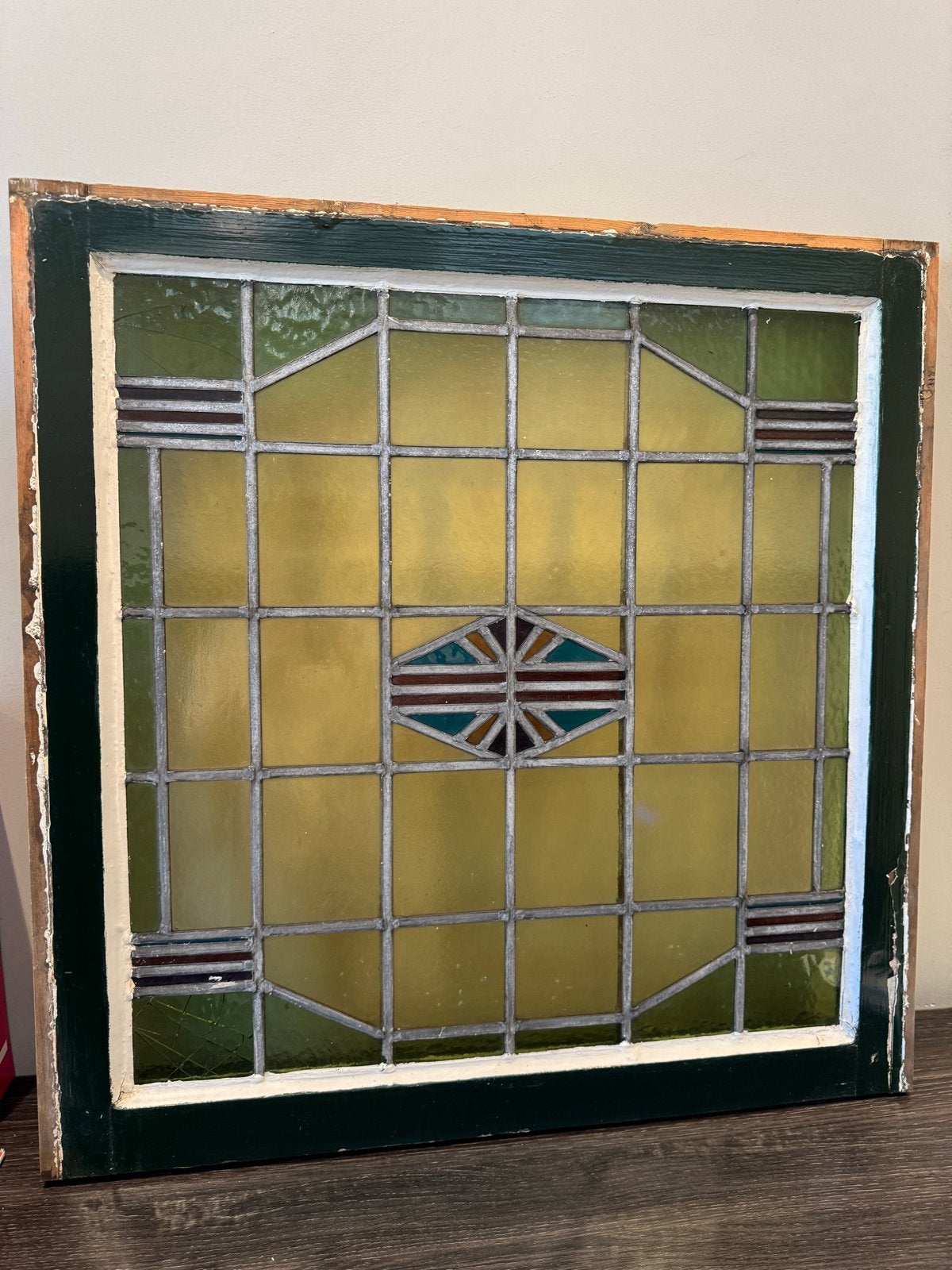 Antiek glas in lood raam - Groen en geel, Ophalen, Gevelraam of Ruit, Gebruikt, Minder dan 80 cm