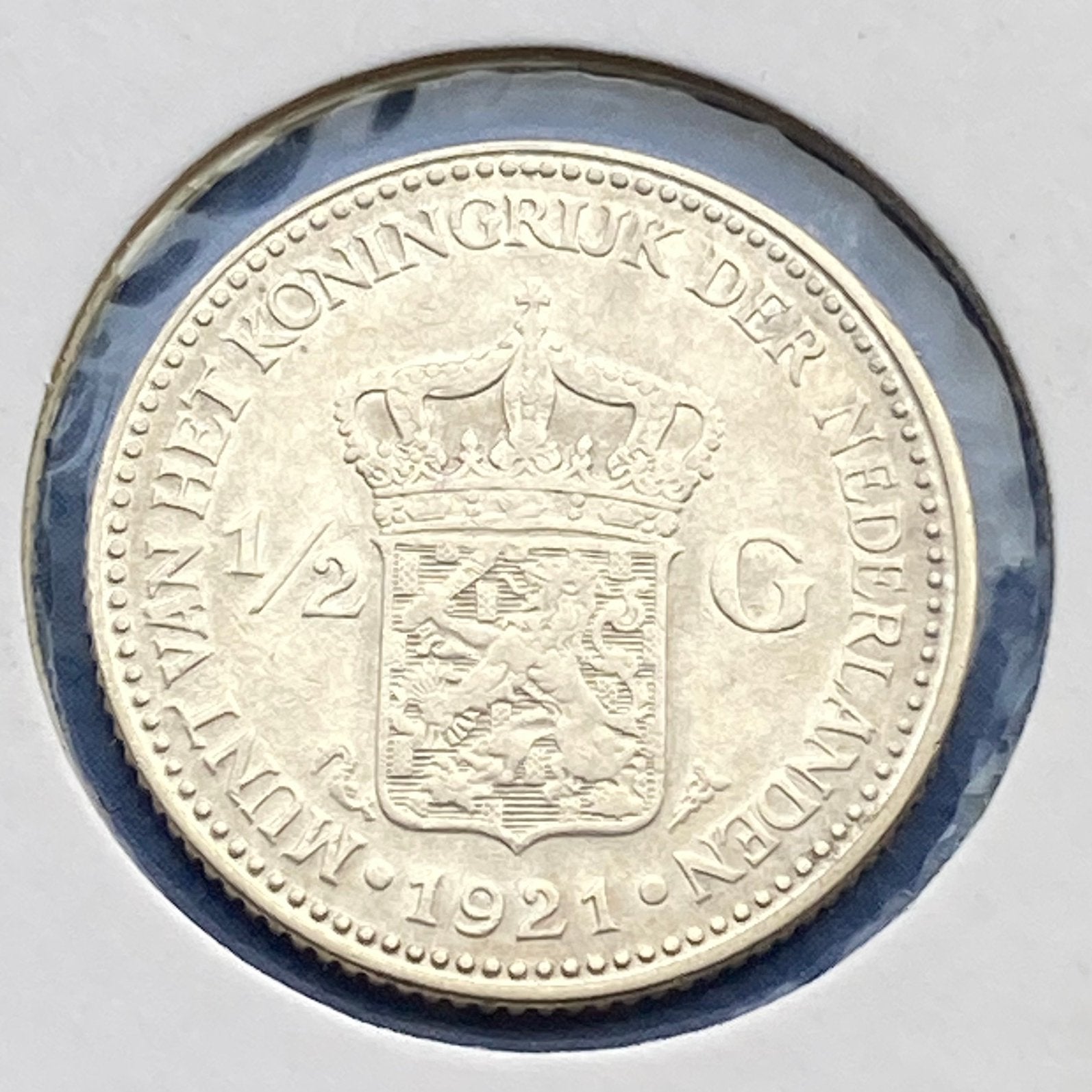 Halve Gulden Zilver uit 1921 van Wilhelmina, Postzegels en Munten, Verzenden, Losse munt, Zilver