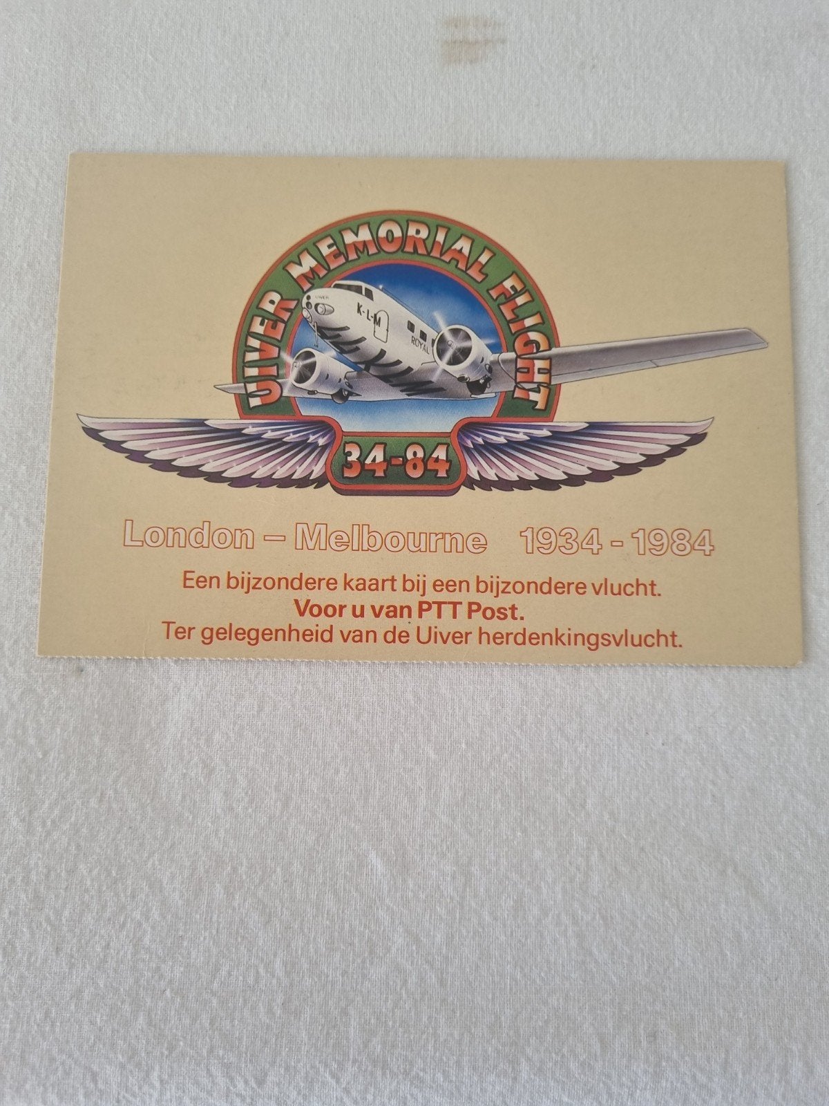 Uiver Herdenkingsvlucht 1934-1984 PTT Post Kaart, Ophalen of Verzenden, 1980 tot heden, Ongelopen, Overig Europa