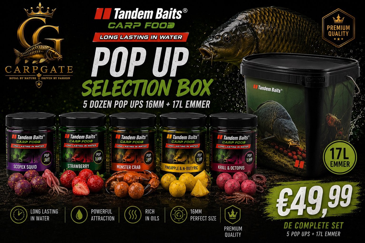 Tandem Baits Carp Food 5 Smaken Set + 17L Emmer, Verzenden, Nieuw, Overige typen