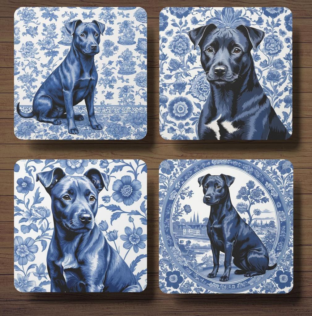Patterdale Terriër Delfts Blauw onderzetters met houder, Ophalen of Verzenden, Nieuw, Glas of Kopje