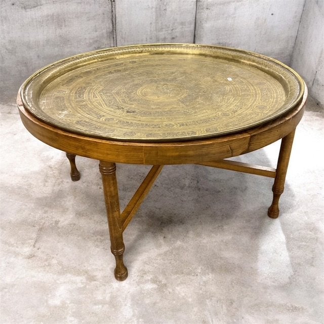 Tunesische / Marokkaanse salontafel messing dienblad # 237, 50 tot 100 cm, Noord-Afrikaans, Tunesië, Rond