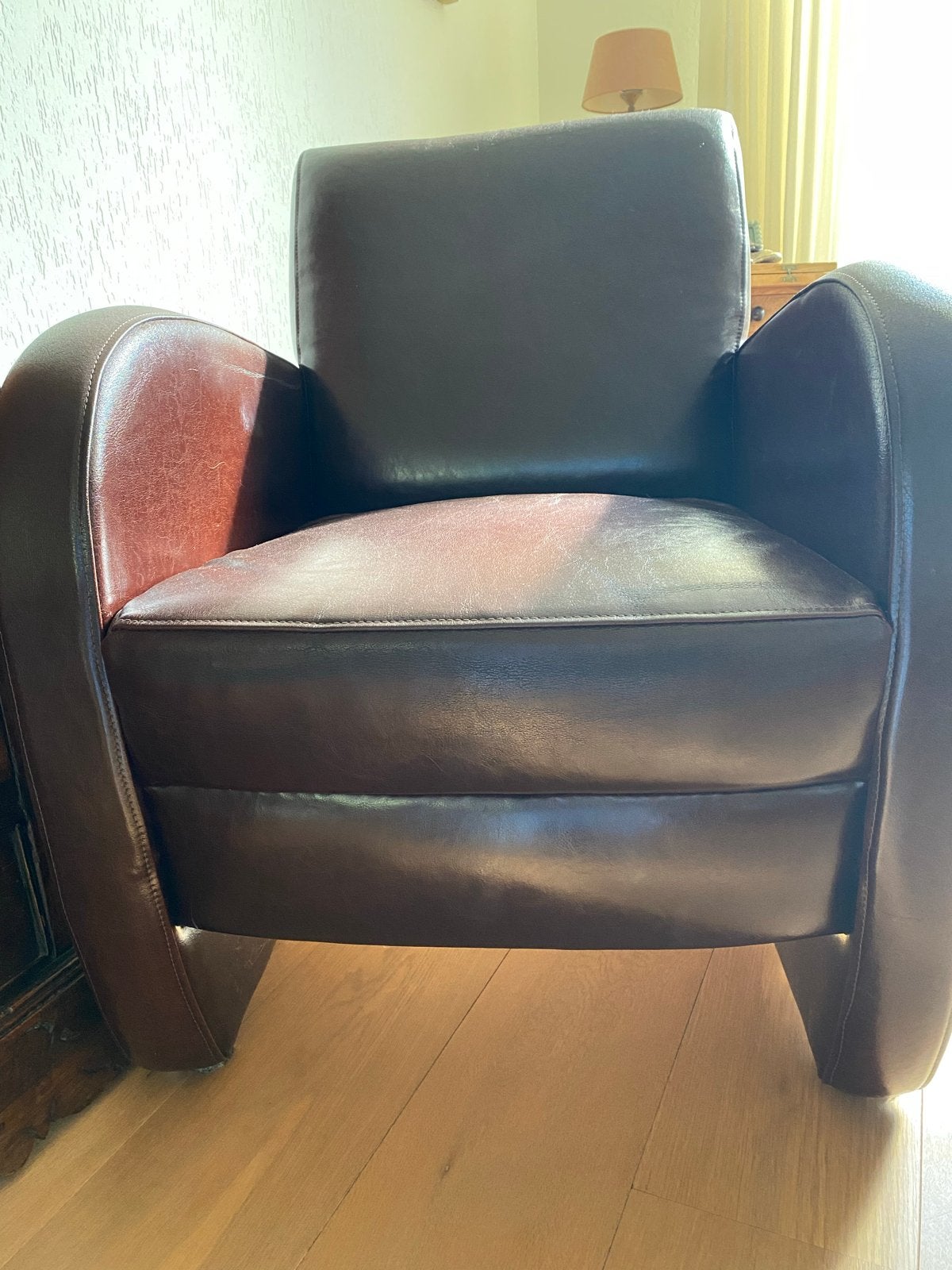 Comfortabele bruine leren fauteuil, Ophalen, Gebruikt, Minder dan 75 cm, Leer