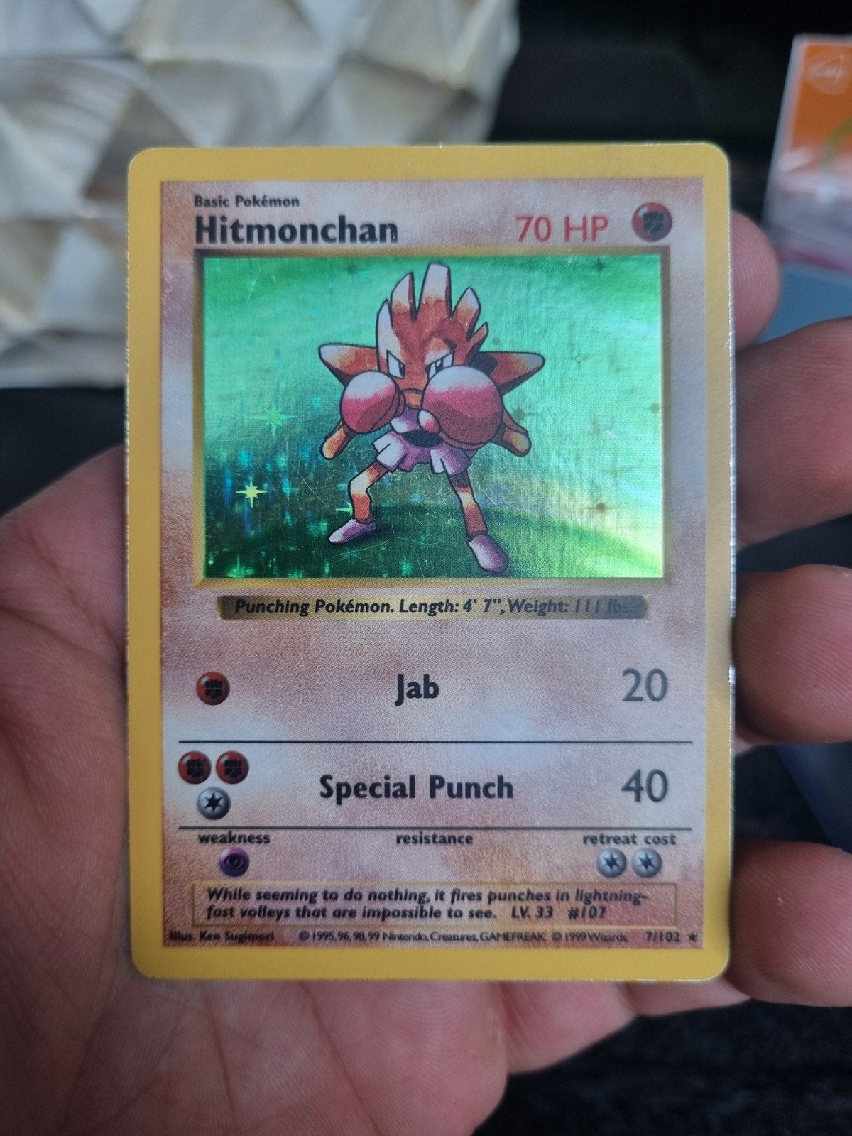 Hitmonchan 7/102 base set , SHADOWLESS HOLO RARE * € 70, Ophalen of Verzenden, Zo goed als nieuw, Losse kaart, Foil