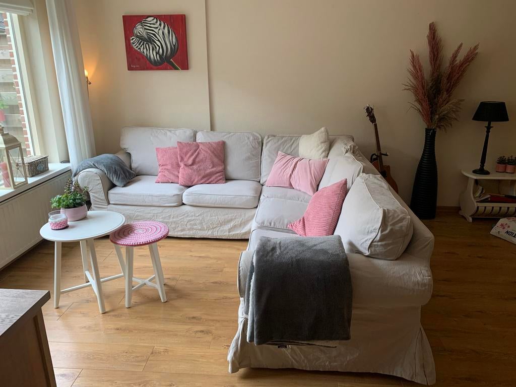 HOES IKEA Ektorp Hoekbank  Beige met Poef, Ophalen, Gebruikt, Stof