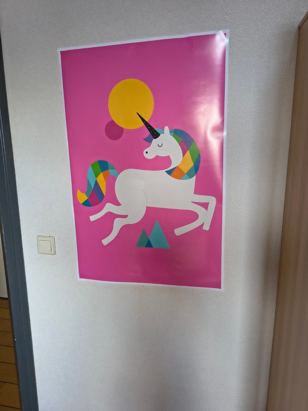 Eenhoorn Poster - Roze met Kleurrijke Manen en Staart, Gebruikt, Ophalen of Verzenden, Foto of Poster, 75 – 100