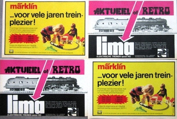 18 vintage reclames trein treinen 61-81 Marklin Fleischmann, Ophalen of Verzenden, Gebruikt, Reclamebord