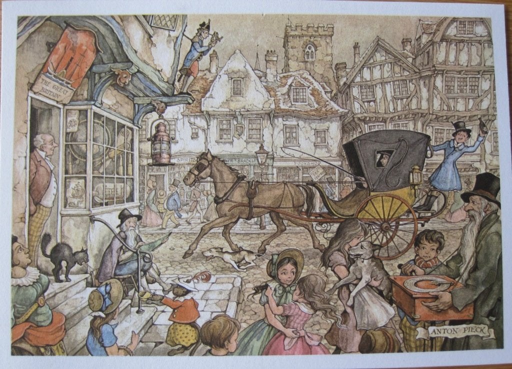 Anton Pieck prentje van Engels straattafereel met koets, Verzamelen, 1980 tot heden, Ophalen of Verzenden, Zo goed als nieuw, Prent