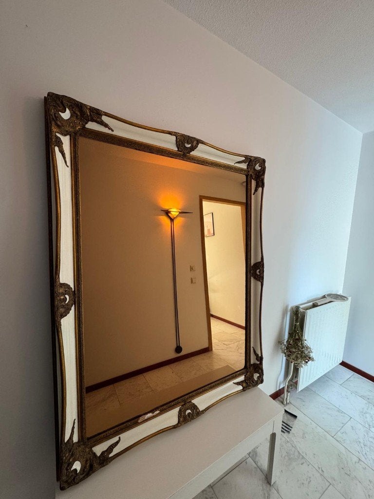 Grote vintage barokspiegel – bronskleurig glas, Ophalen, 100 tot 150 cm, Zo goed als nieuw, 100 tot 125 cm