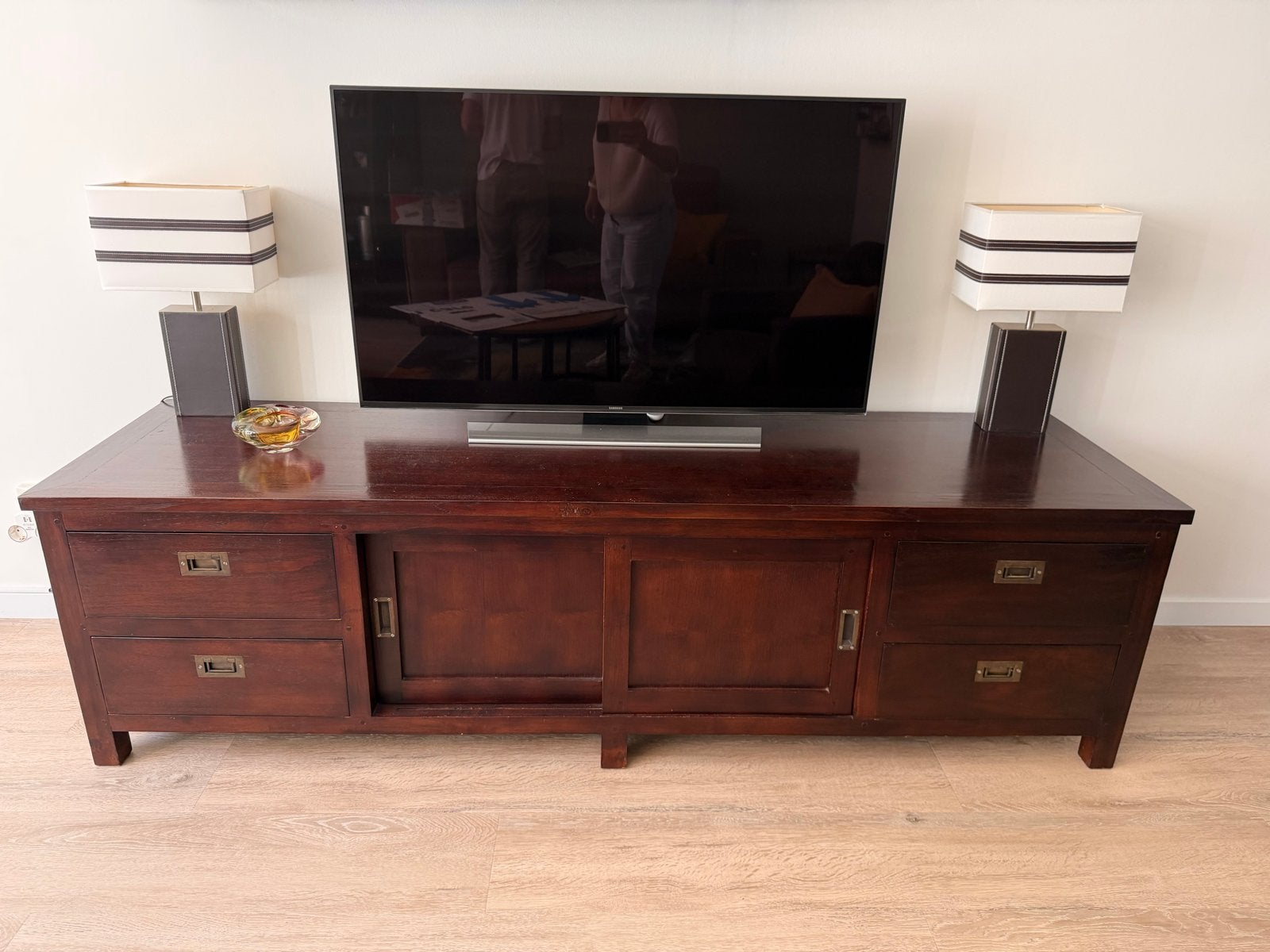 Massief teak houten tv-meubel met opbergruimte, Ophalen, Gebruikt, 200 cm of meer, Minder dan 100 cm