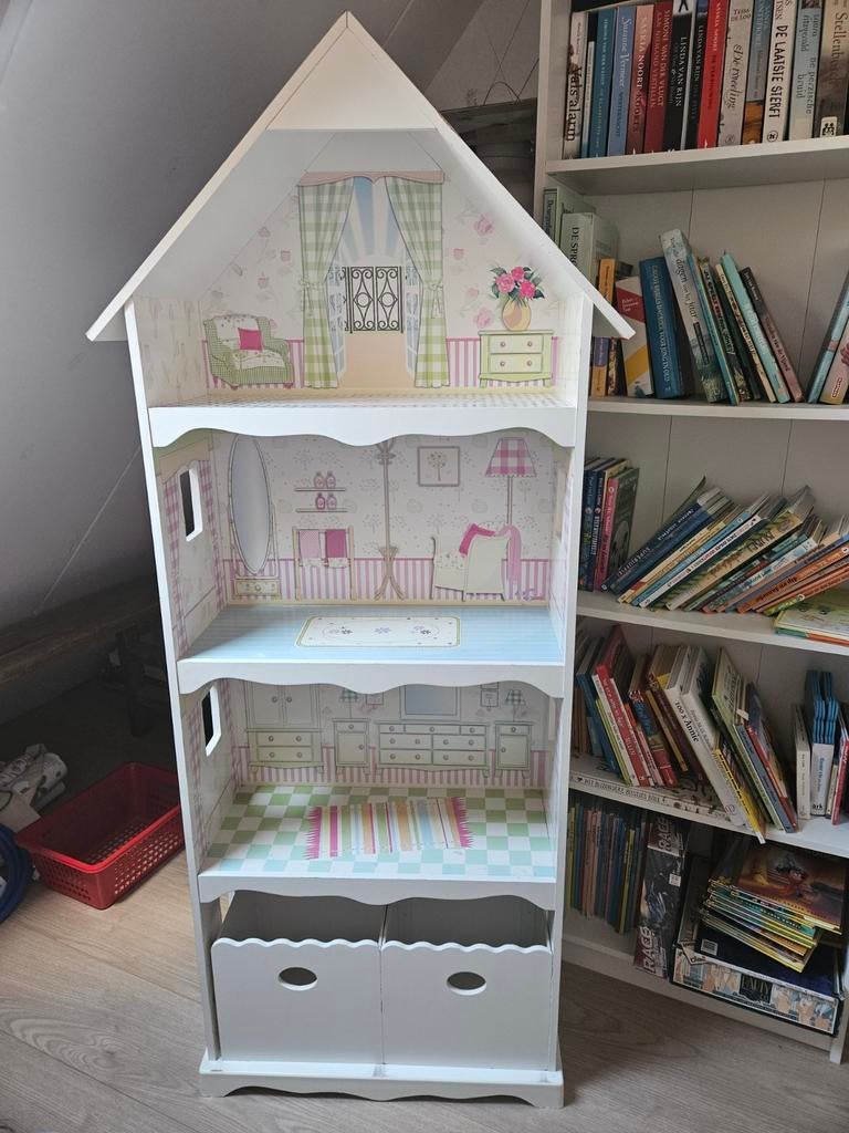 Groot houten poppenhuis / boekenkast met  opbergbakken, Kinderen en Baby's, Speelgoed | Poppenhuizen, Ophalen, Zo goed als nieuw