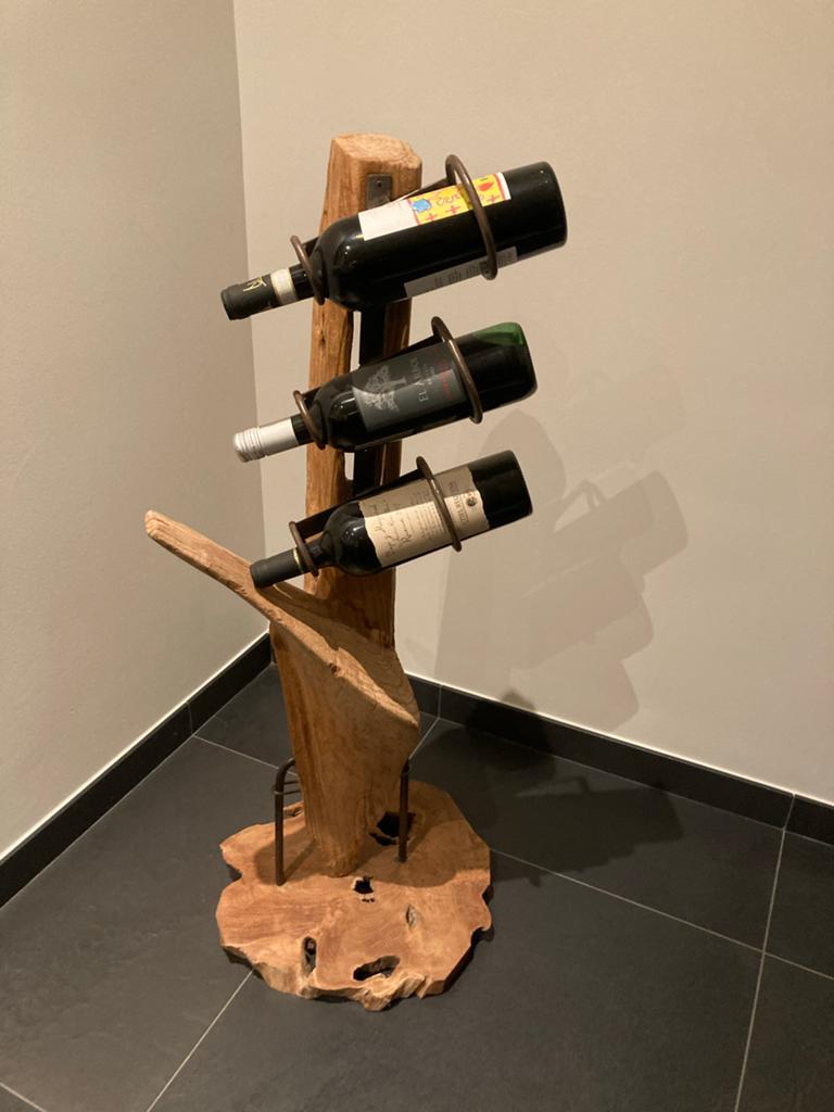 Uniek houten wijnrek voor 3 flessen - Handgemaakt, Ophalen of Verzenden, Zo goed als nieuw, Minder dan 5 flessen, 75 cm of meer