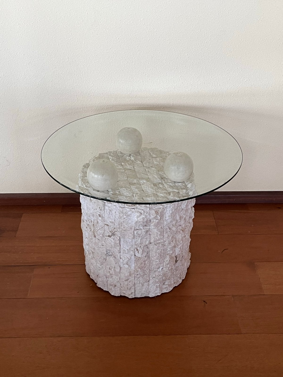 Vintage fossiele stenen salontafel Pierre Magnussen Ponte, Ophalen, Gebruikt, Rond, Glas