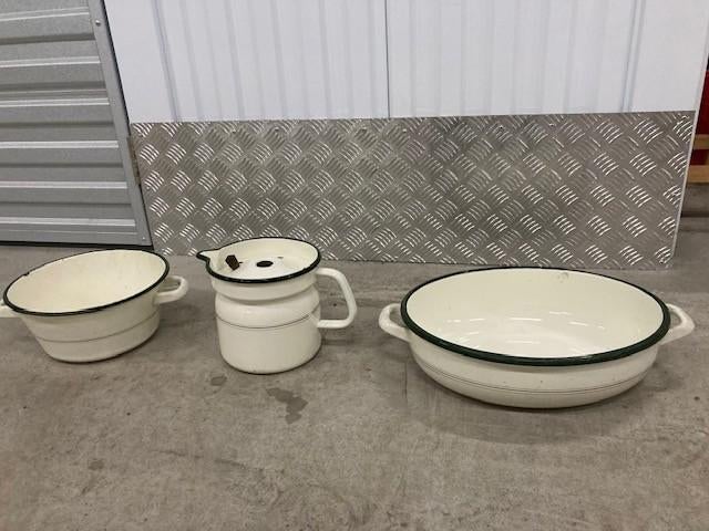 emaille set, 3 delen vintage / melkkoker, vergiet, wasteil, Antiek en Kunst, Antiek | Emaille, Ophalen
