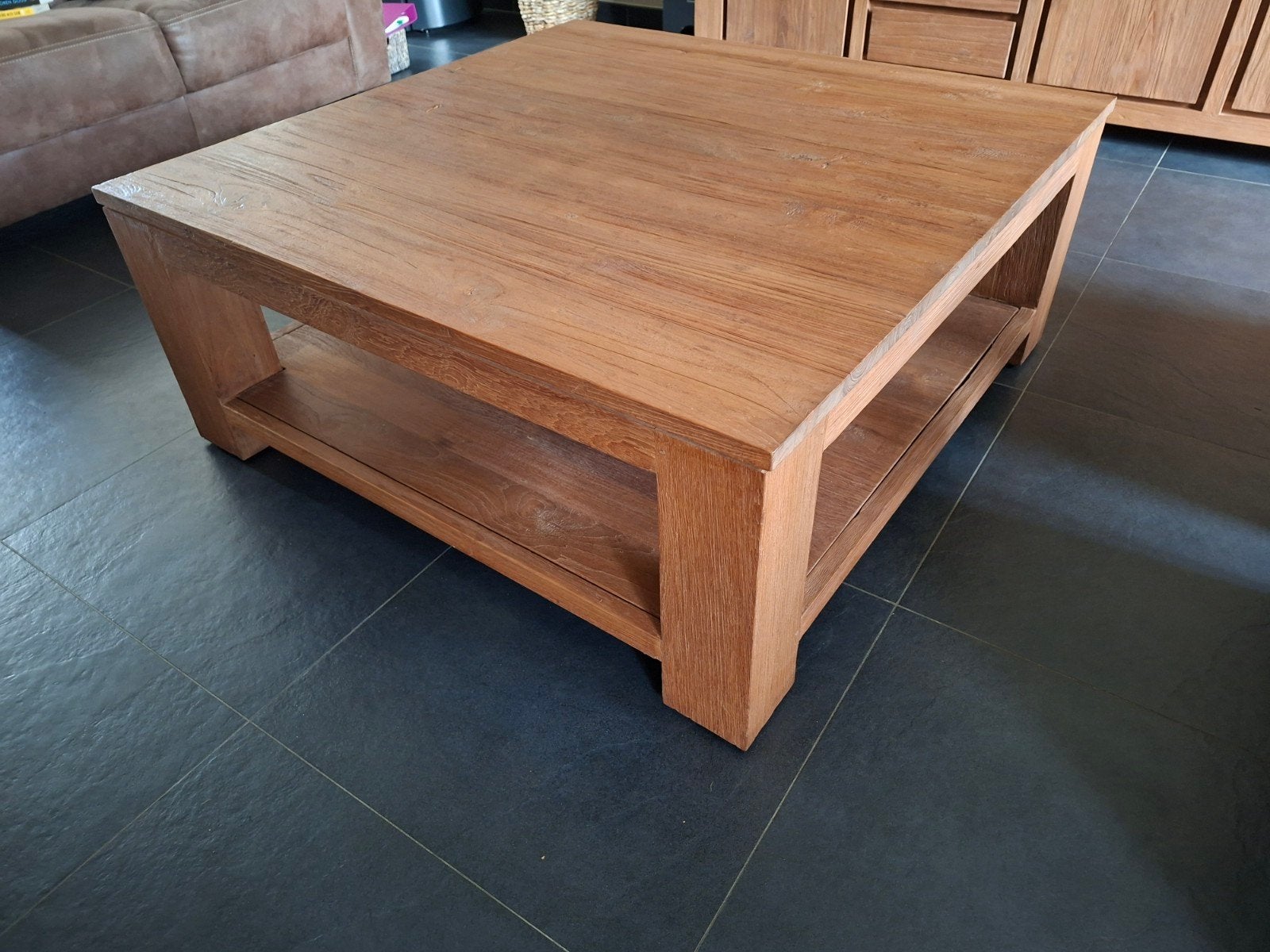 Massief Teakhouten Salontafel met Opbergplank, Huis en Inrichting, Ophalen, 100 tot 150 cm, Teakhout, 50 tot 100 cm