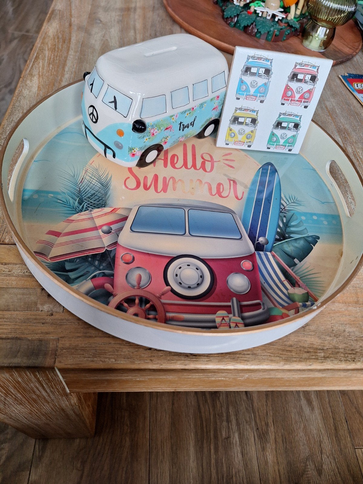 VW busje spaarpot en dienblad - Hello Summer, Vintage, Gebruikt, Meerkleurig, Ophalen of Verzenden
