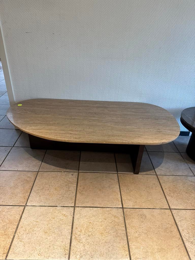 Salontafel travertin donkerbruin houten onderstel, Huis en Inrichting, Tafels | Salontafels, Ophalen, Japandi, Overige materialen