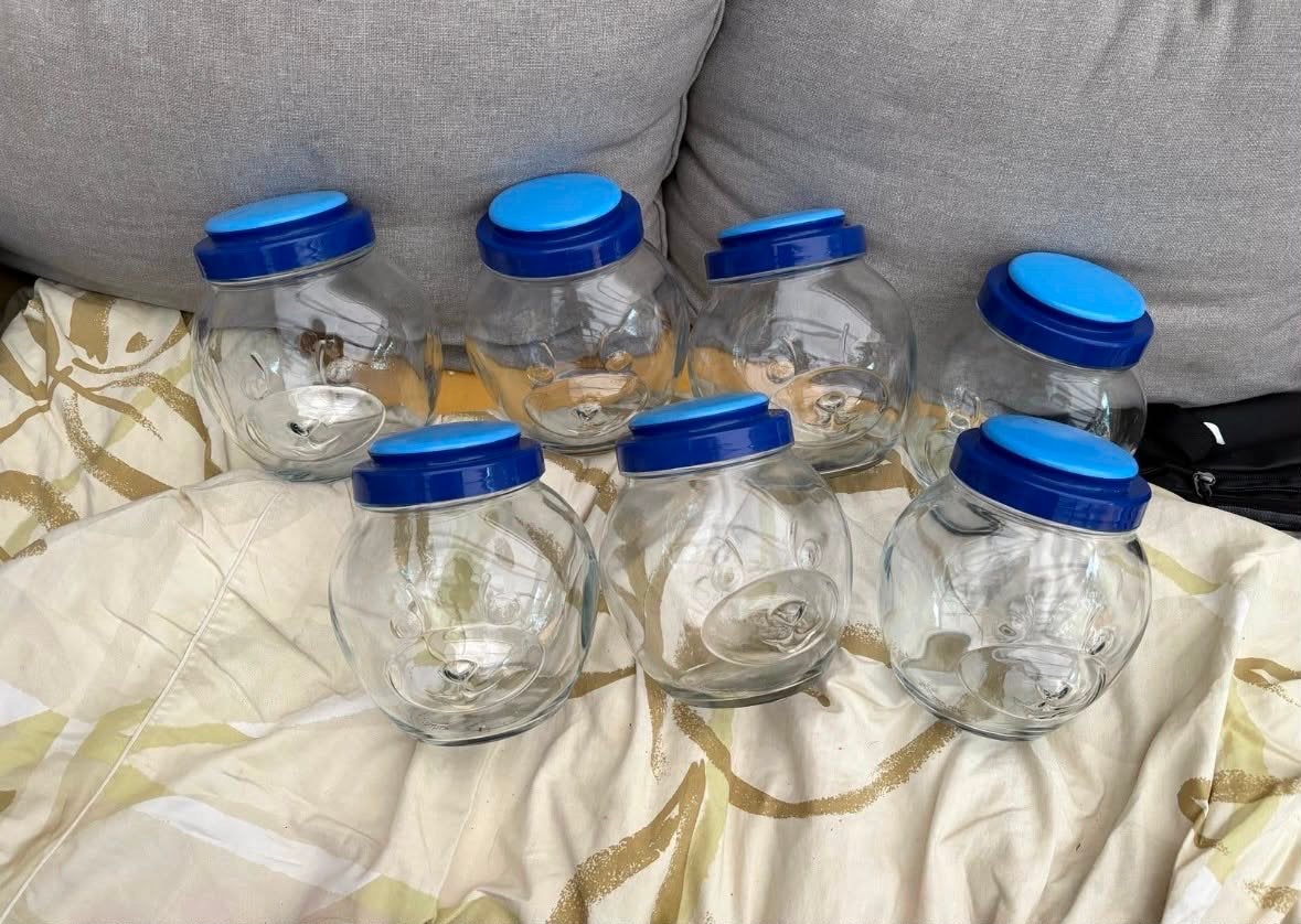 Glazen potjes met blauw deksel - set van 7, Ophalen, Gebruikt, Blauw, Glas