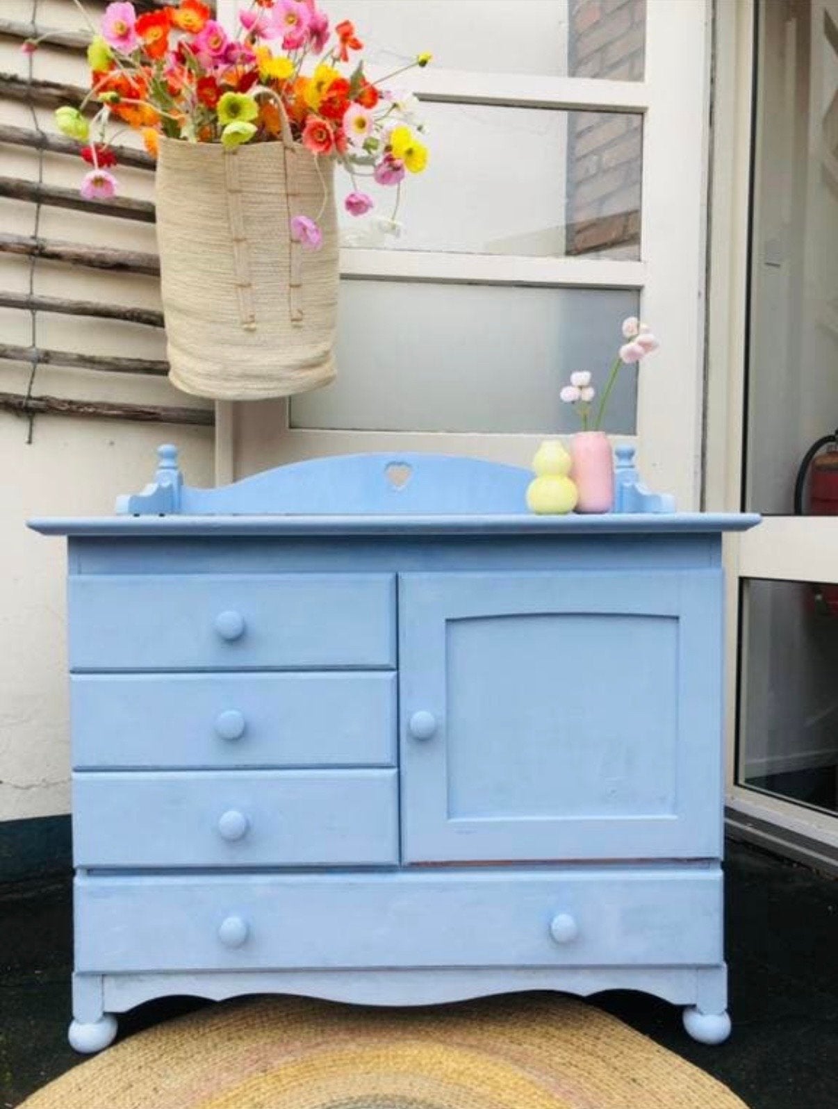Blauwe commode / kastje met 4 lades en 1 deurtje, Gebruikt, 50 tot 70 cm, 100 cm of meer, Commode