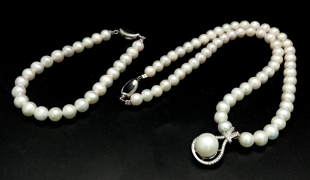 Parelketting + armband 925 zilver met grote hanger, Ophalen of Verzenden, Zo goed als nieuw, Zilver, Zilver