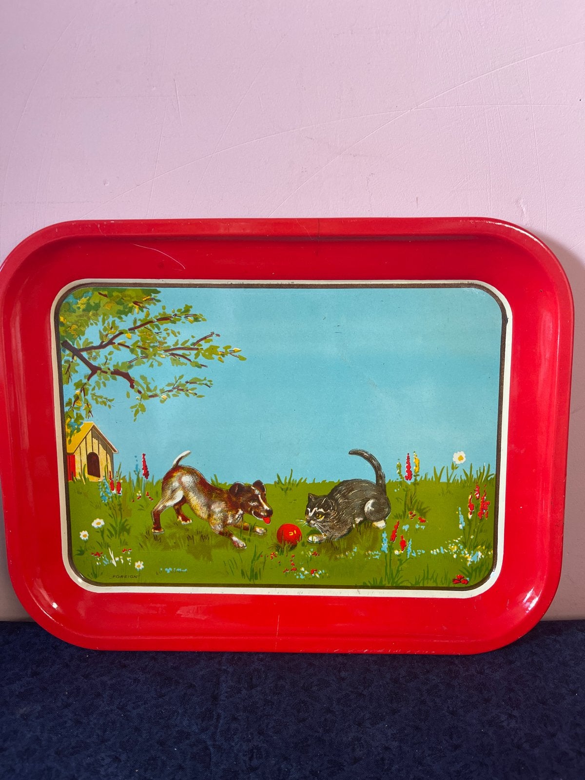 Vintage metal dienblad met hond en kat - 'Foreign', Ophalen of Verzenden