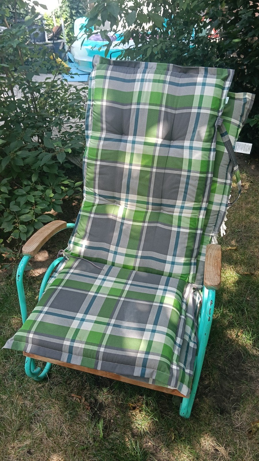 geruite tuinkussens, groen/grijs,lichte verkleuring, Ophalen, Gebruikt