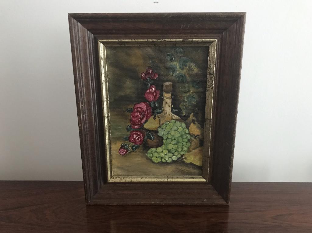 Schilderij olieverf op doek stilleven bloemen fruit fles, Ophalen of Verzenden