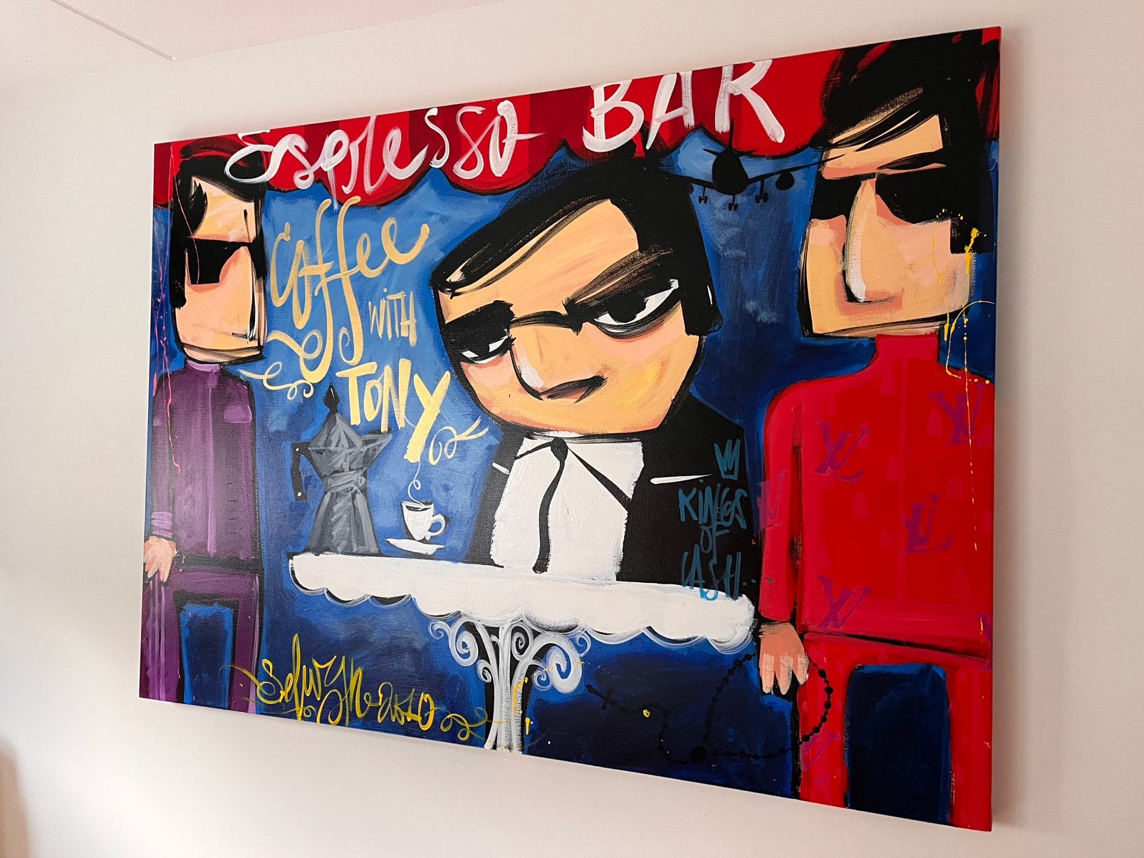Origineel schilderij van Selwyn Senatori: Coffee with Tony, Antiek en Kunst, Ophalen, Acrylverf, Overige materialen, Stripfiguren/cartoons
