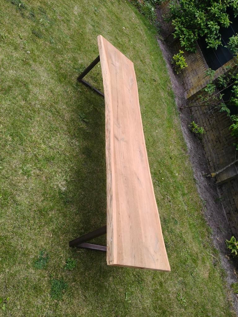 Massief eikenhouten bank met stalen onderstel, Tuin en Terras, Ophalen, Gebruikt, Rechthoekig, Hout