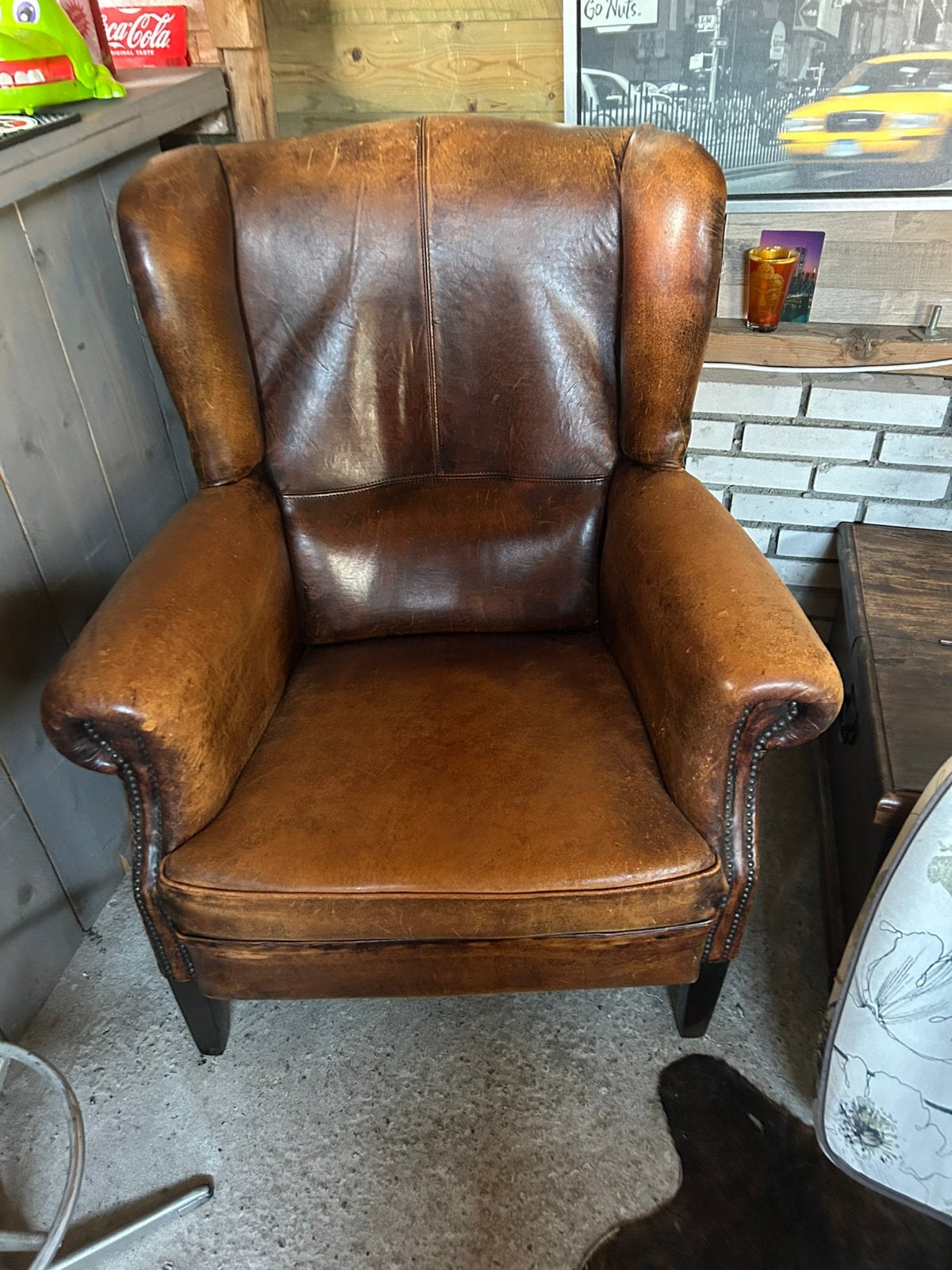 Schapen leren oorfauteuil, Huis en Inrichting, Fauteuils, Ophalen, Gebruikt