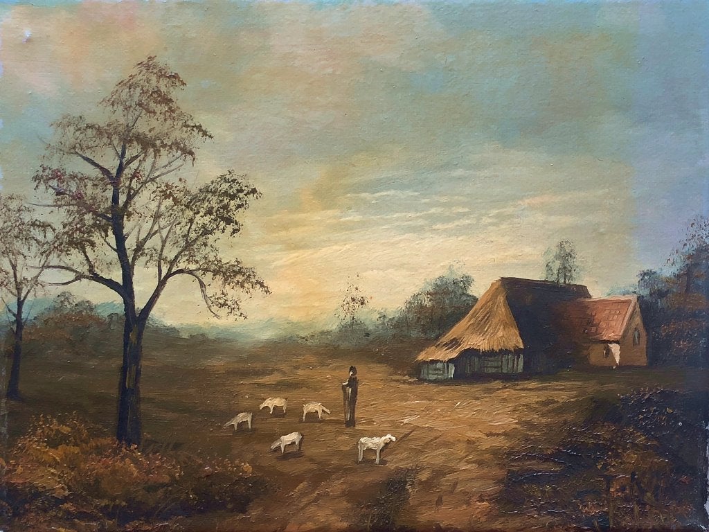 Schilderij 'Schaapsherder op heide met vijf schapen', Ophalen of Verzenden
