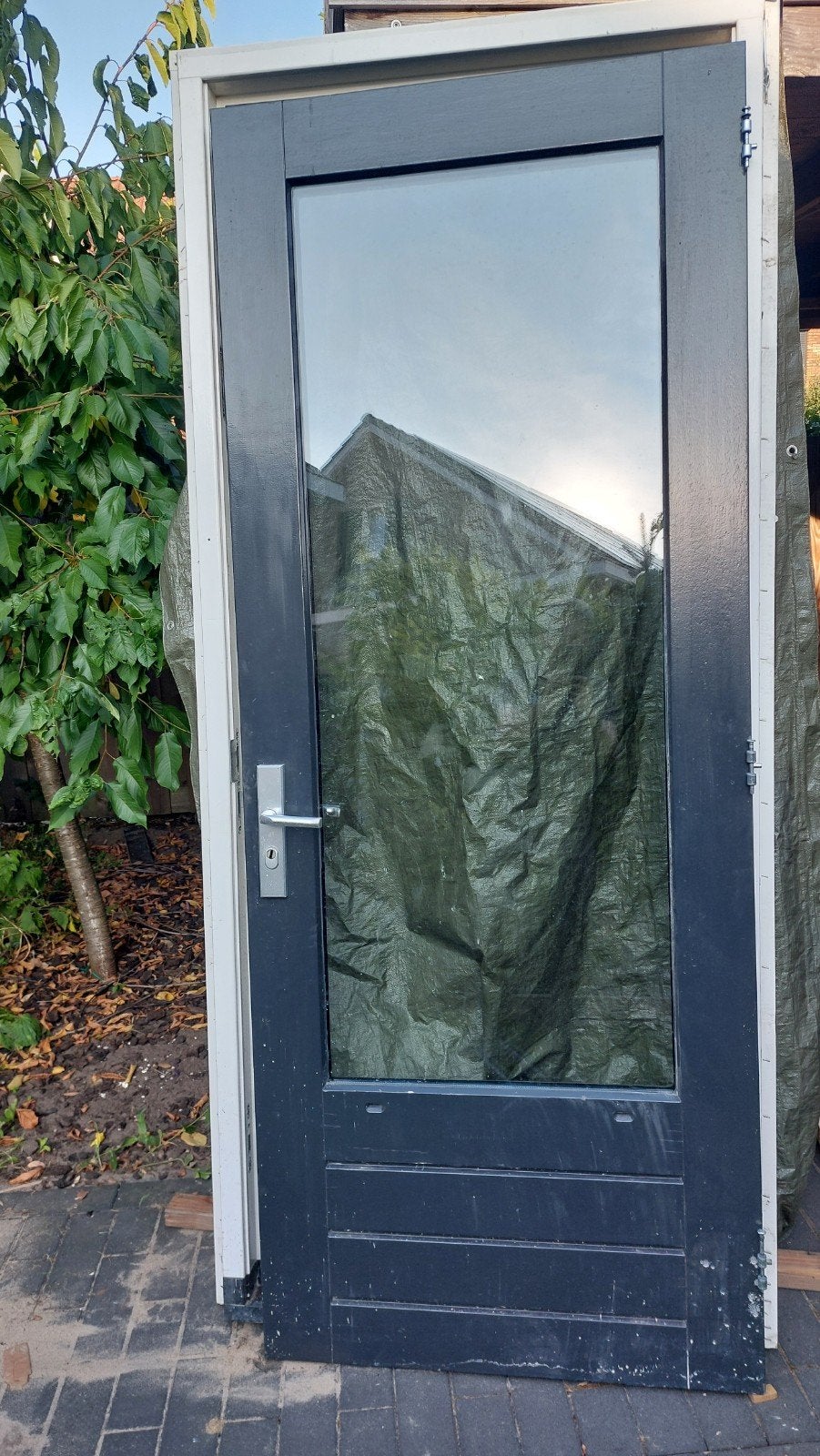 loopdeur achterdeur tuindeur enkele deur met kozijn, Gebruikt, Deurkozijn, Inclusief glas, 225 cm of meer