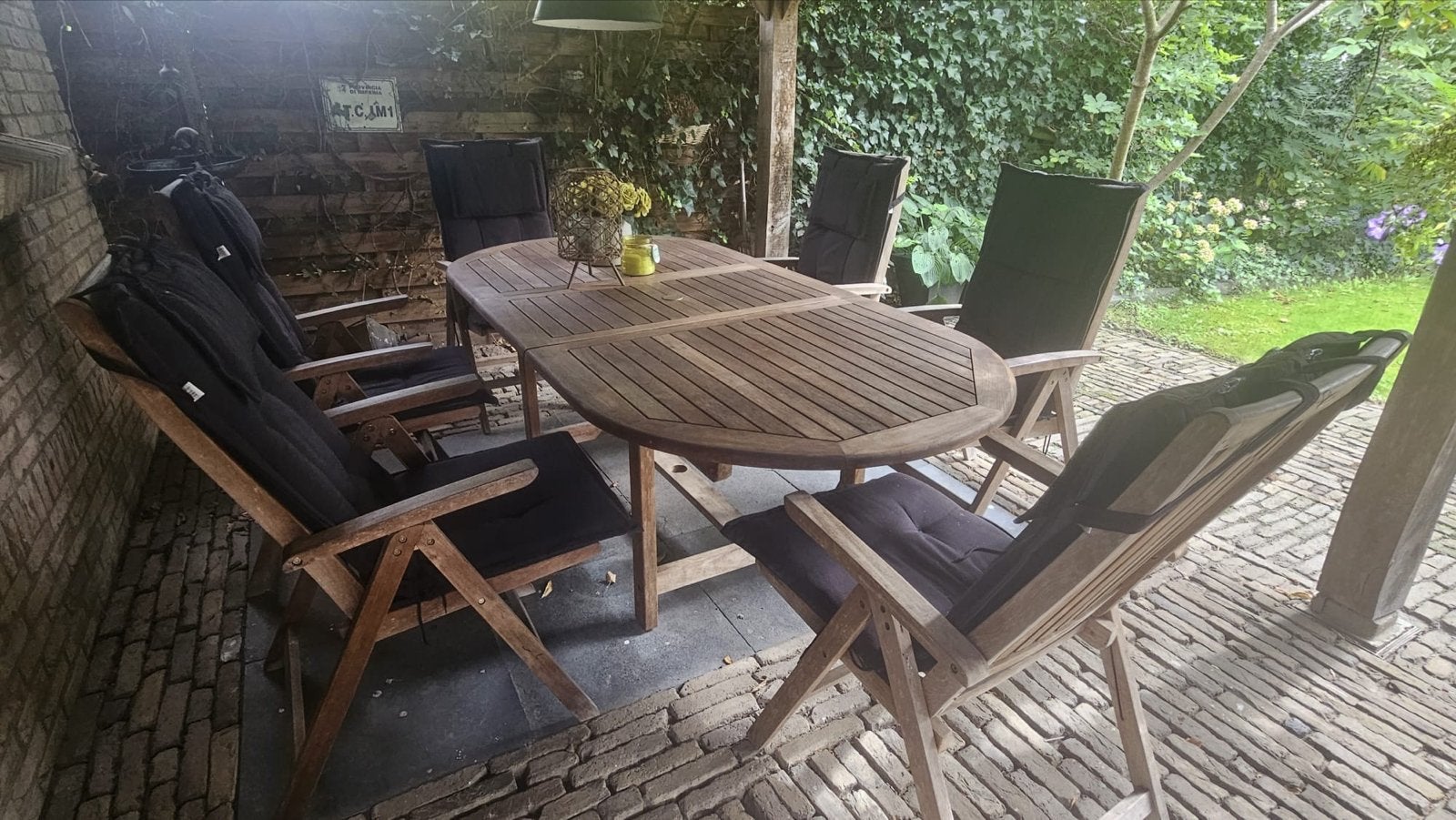 Houten tuinset 7-delig met inklapbare stoelen en tafel, Tuin en Terras, Ophalen, Gebruikt, Eettafel, 6 zitplaatsen